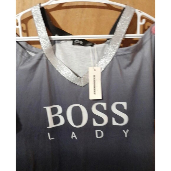 "Chic" CBR Ladys Xlarge Embossed "Boss"Top Cold Shoulder Blue-White Cut-out - Picture 2 of 9